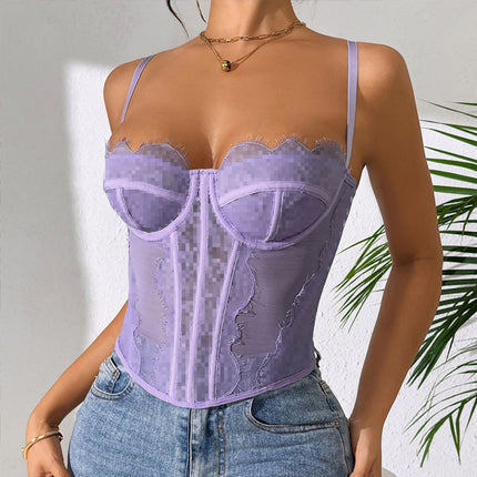 Sexy Push-Up Slim-Fit Fishbone Corset with Eyelash Lace Trim, Sheer Pure Desire Camisole Tank Top for Women to Wear Outside
