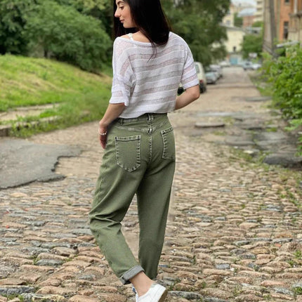 Cross-Border Amazon European and American Elastic Mid-Waist Straight Jeans Green Button Design Diagonal Pocket All-Season Jeans