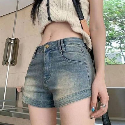 Hot Girl Petite American Retro Denim Shorts Women's Summer Design New High-Waist Slim Pants Hot Pants Washed