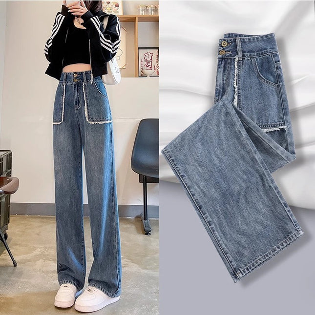 Vintage Fur-Edge Wide-Leg Jeans Women's Fashion All-Match High-Waist Slimming plus size Loose Meat-Covering Straight Long Pants