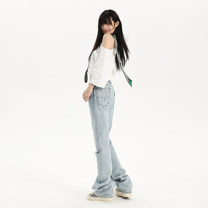 American Low-Waist Hot Girl Ripped Jeans for Women 2025 Summer New Slim Fit Straight Floor-Length Trousers