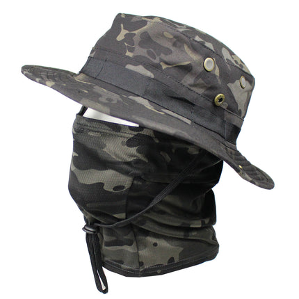Outdoor Tactical Fisherman Hat Camo Penny Hat Summer Mountaineering Training Sunshade Round Edge Hat Mask Two-piece Set