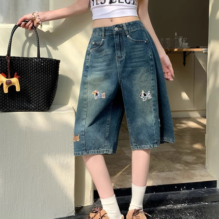American Retro Dog Embroidery Jeans for Women, Summer New High-Waisted Wide-Leg Straight Pants