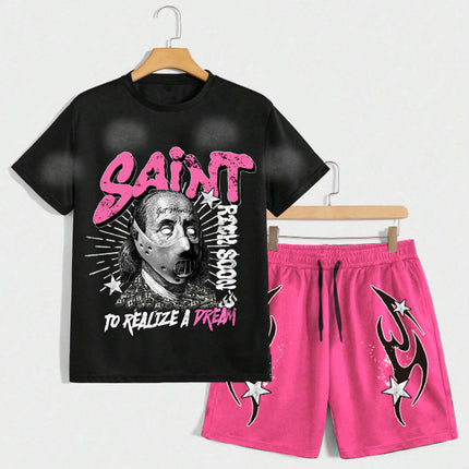 Men's Summer Casual Fashion Short Sleeve T-Shirt and Shorts Set with Letter and Art Figure Print