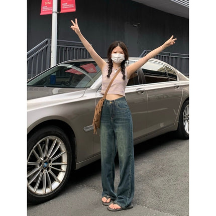 Petite Retro Blue High-Waisted Wide-Leg Jeans for Women 2024 Drapey Loose Slimming Straight-Leg Floor-Length Pants