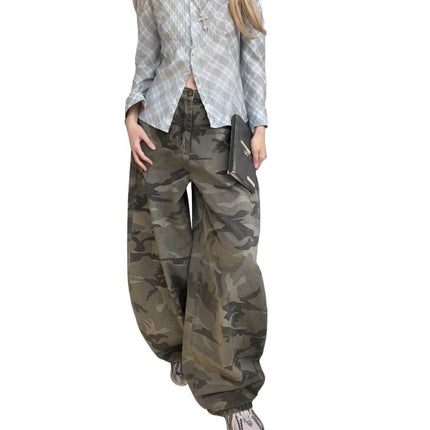 Fansiyu 2025 Summer New American Retro Camouflage Work Jeans Women's High-Waisted Loose Wide-Leg Floor-Length Pants