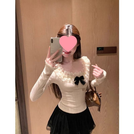 Winter New Sweet Style Lace Splicing Long-Sleeved Shirt for Women Niche Chic Slimming Age-Reducing Bottoming Top Trend