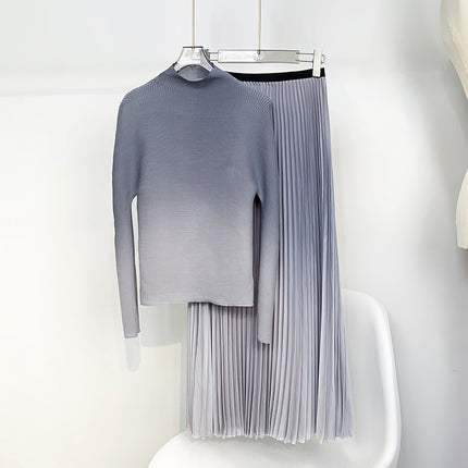 Textured Pleated Bottoming Shirt for Women, Elegant High Collar, Slim Fit, Miyake Non-Balling Gradient Long-Sleeved T-Shirt Top