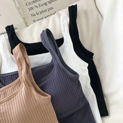Summer Crop Top Women Seamless Square Collar Wide Straps Tank Top Knitted Striped Camisole Solid Corset Top Female