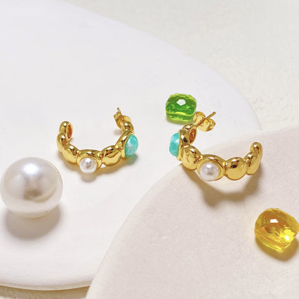 C-Shaped Pearl and Agate Stud Earrings Made in Guangzhou, Titanium Steel Personalized Design, Trendy Stainless Steel Earrings for Cross-Border Markets