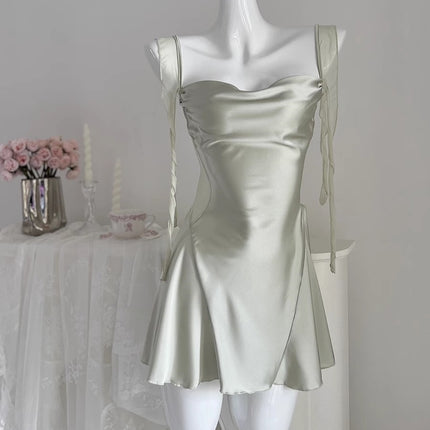 Sexy Suspender Nightgown with Breast Pads 2025 New Spring and Summer Ice Silk Satin High-End Pure Lust French Swing Collar Pajamas