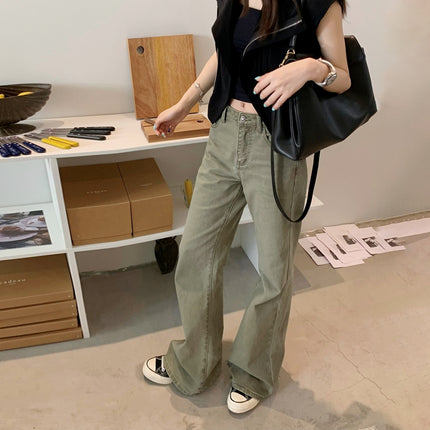OREETA, Niche Washed Green All-match Crowd Pants 2024 Trendy Brand Pure Cotton American Slim Micro-fit Crowd Pants