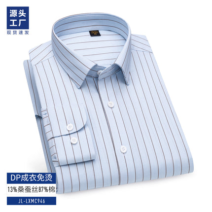 Mulberry silk luxury quality non-iron men's shirt men's long sleeve business casual green striped shirt 200 4 shares