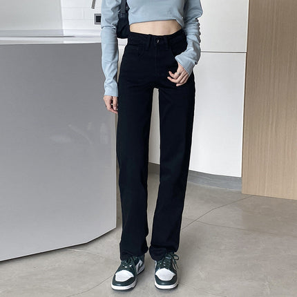 Women's High-Waisted Black Straight-Leg Jeans, New for Autumn 2025, Stretchy, Extended Length, Slightly Flared, Slimming Wide-Leg Pants