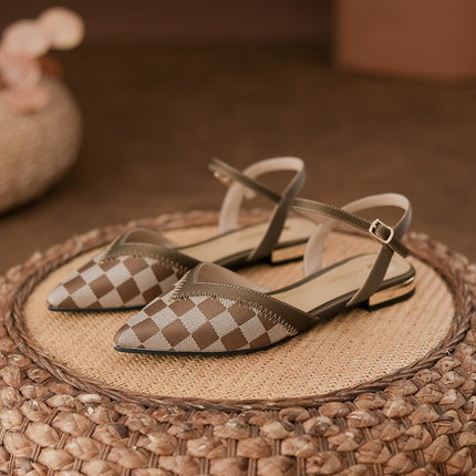 Baotou Women's Sandals, Summer Slippers for Outdoor Wear, Pointed Toe, Genuine Soft Leather, Shallow Mouth, Chunky Heel, Single Strap, Flat Shoes