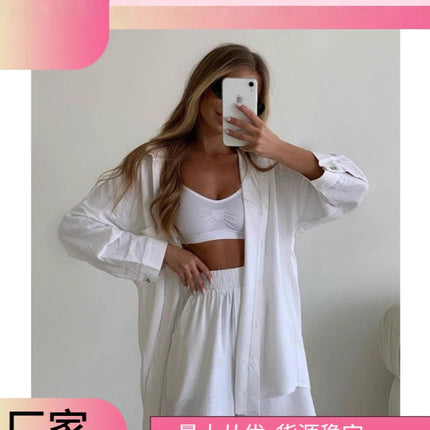 2024 spring European and American new solid color single-breasted long sleeve shirt loose fashion casual shorts suit in stock