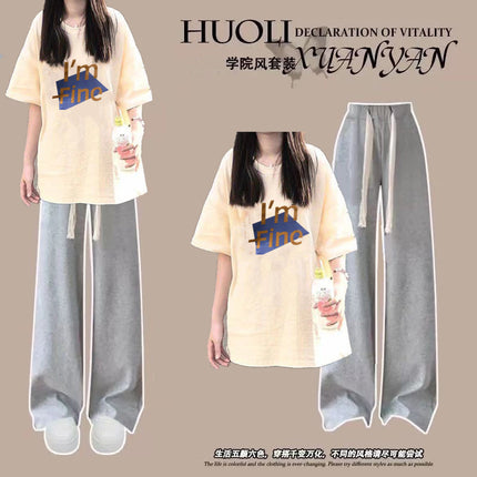 Pure Cotton Short-Sleeved T-Shirt Two-Piece Set for Junior High School Students, Loose Round Neck Top for Girls, Thin, Lazy Style, 2024 New Style