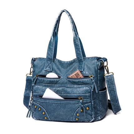 Wholesale vintage denim blue large capacity shoulder handbag trendy versatile pu messenger bag women's casual shoulder bag