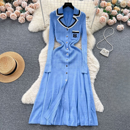 Cross-Border Aliexpress New Color-Blocked Lapel Knitted Dress Embroidered French-Style Long Dress Waist-Cinching Slimming Sweater Dress for Women