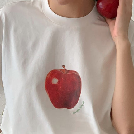 Same-Day Delivery, a Apple Printed Short-Sleeved Cotton Collar, French Niche Pure Cotton