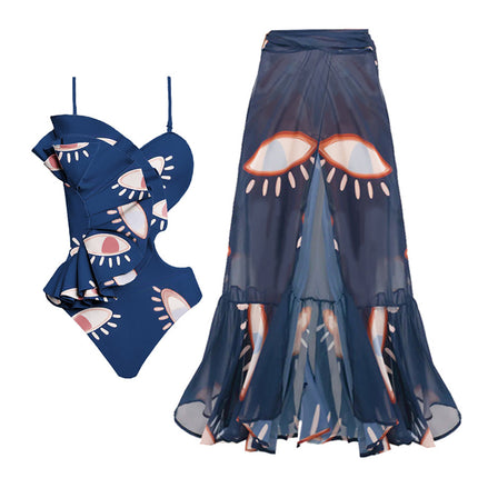 2024 European and American Swimwear New Ruffle Hollow Devil's Eye Swimsuit Women's 2501