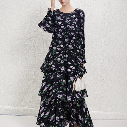 Black Crewneck Long Sleeve Floral Waist French Long Dress 2024 Autumn and Winter New Pleated Printed Cake Dress dress