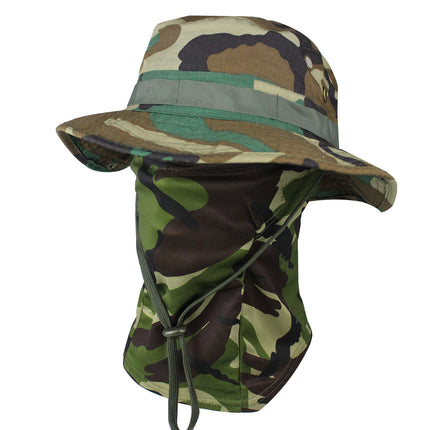 Outdoor Tactical Fisherman Hat Camo Penny Hat Summer Mountaineering Training Sunshade Round Edge Hat Mask Two-piece Set