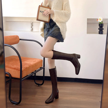 Retro but Knee-over Boots Women's 2024 New European and American Black Soft Leather Side Zipper Square Head Medium Thick Heel Long Boots