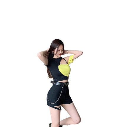 Black Shorts Women's Thin High-waisted Ultra-short Pants Slimming Slim-fit Sports Hot Pants Short-sleeved Top Trendy suit
