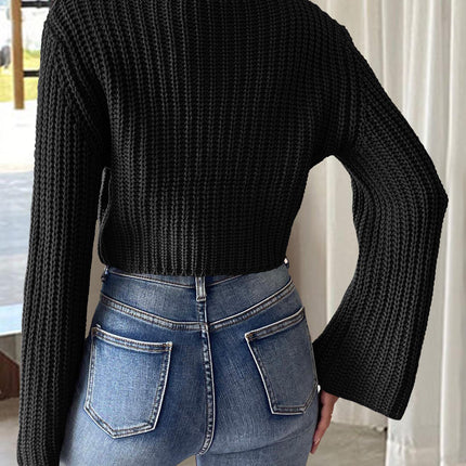 Cross-Border European and American Women's Clothing Hand-Crocheted Splicing Bell-Sleeved Half-Turtleneck Pullover Sweater Women's Short Crop Top Women