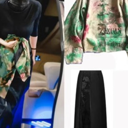 Yang Mi same style retro Chinese style buckle jacquard green slimming coat high waist black versatile slimming skirt