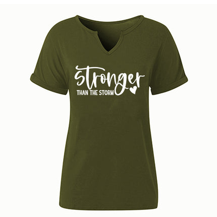 Amazon Cross-Border Spring and Summer New Product V-Neck Rolled Sleeves Stronger Than the Storm Letter Print