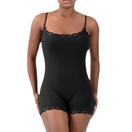 Sexy Pure Lust Style Lace Trim Bodysuit for Women, Skin-Friendly Nude Feel Inner Wear with Straps, Double-Layer Shapewear, European and American Style