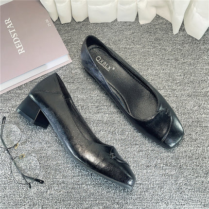 Square-toed single-layer shoes women's thick-heeled flat-bottomed professional temperament stewardess work shoes comfortable for a long time not tired feet black work shoes