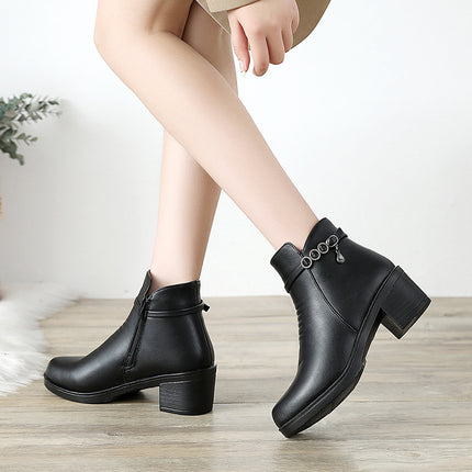 Middle Heel Winter fleece-lined Warm Cotton Shoes Middle-aged and Elderly Mother Shoes Short Boots Middle-aged Women's Shoes Autumn and Winter Winter Shoes Non-slip Leather Shoes