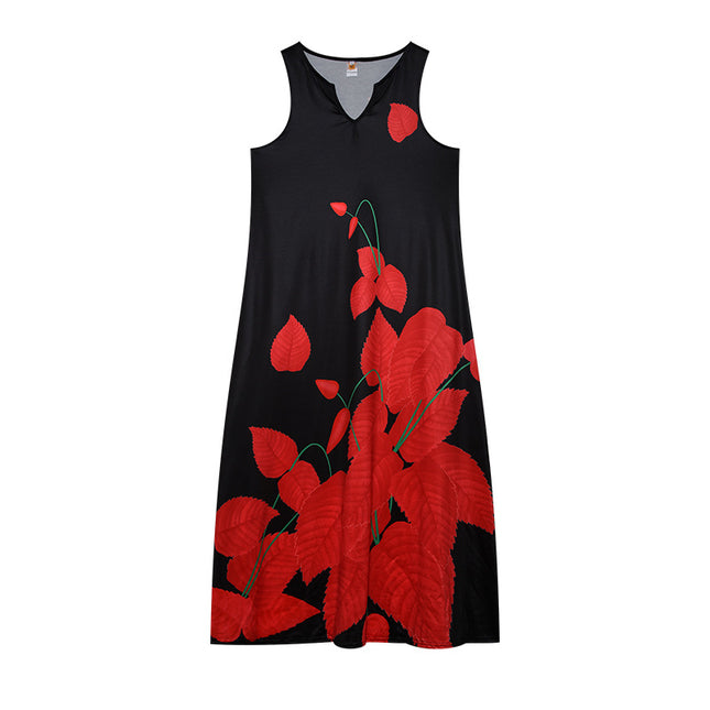 2022 New European and American Cross-border Independent Station Women's Sleeveless Long Dress V-neck Rose Flower Vintage Printed dress
