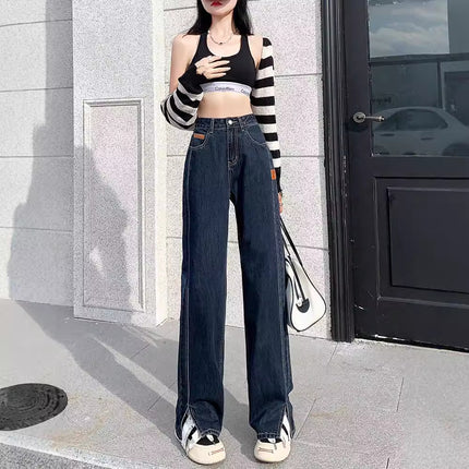 Blue Gray Split Wide Leg Jeans Women's Autumn 2024 New High Waist Design Sense Straight Loose Mop Pants