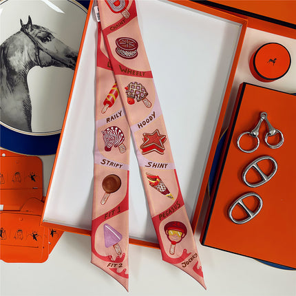 Summer New Decorative Ice Cream Women's Versatile Decorative Twill Silk Ribbon Wrapped Around the Bag Silk Scarf Small Scarf