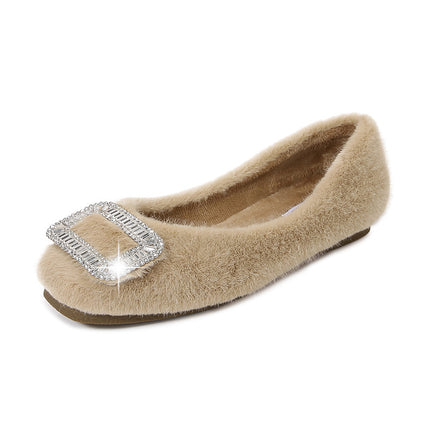 2025 Winter New Furry Shoes for Women, Winter Infrared Wear Fleece-Lined Bean Shoes, Black Cotton Scoop Shoes, Flats Warm Singles