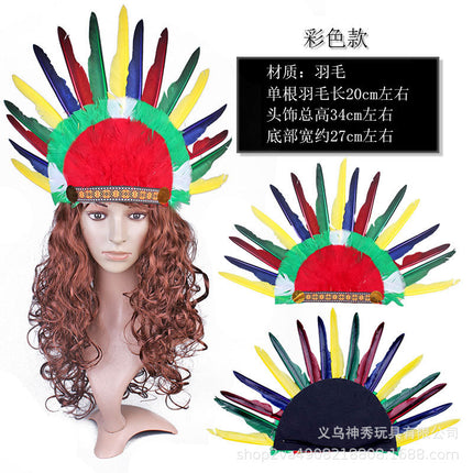 1Halloween Savage Cos Feather Headdress Indian Feather Headdress Red White Black Feather Indian Chief Cap