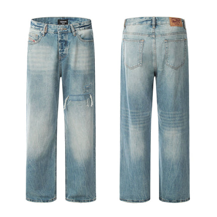 11Kn American Blue Straight-Leg Jeans for Men and Women with Knife Cut and Damaged Retro Slimming Look Trendy Wide-Leg Casual Pants Version