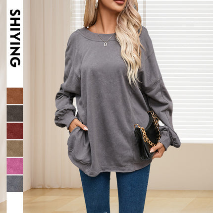 Trendy European and American Style Women's Sweatshirt, Brushed Autumn New Long-Sleeve Simple Ribbed Cuffs Loose Solid Color Women's Top