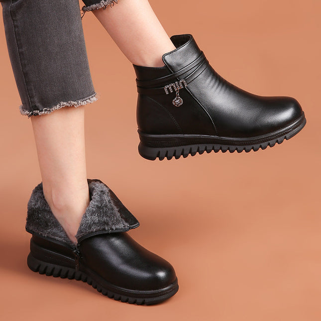 Mother Shoes Cotton Shoes Autumn and Winter Short Boots Winter Elderly Non-slip Warm Middle-aged fleece-lined Leather Shoes Middle-aged Winter Women's Shoes