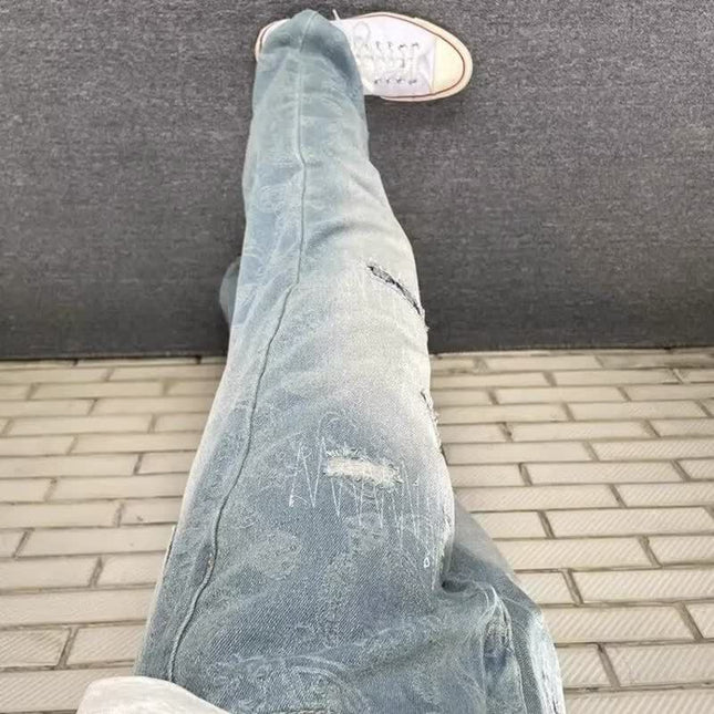 European and American High Street Vibe Retro Paisley Jeans for Men and Women with Ripped Patches, Unique Design, Slimming and Eye-Catching Street Style Pants