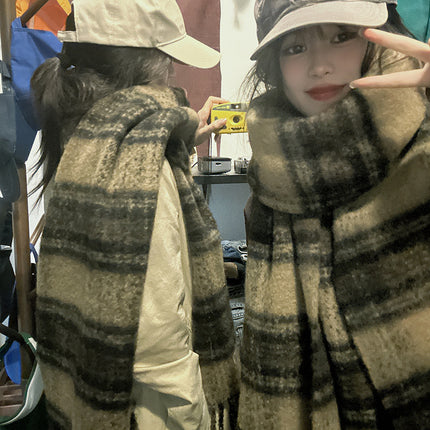 Warm coffee Maillard ~ dark blue light blue * Internet celebrity ins mohair plaid scarf autumn and winter thickened warm scarf
