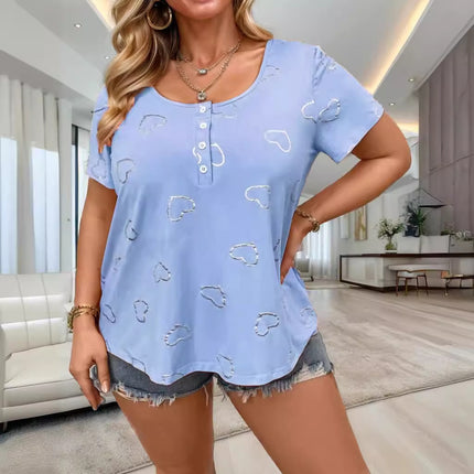 Europe and the United States cross-border 2025TEMUwish foreign trade women's round neck button love printing women's short sleeve loose T-shirt
