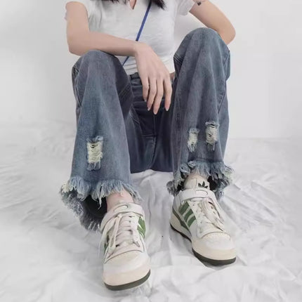 European and American Ripped Tassel High Waist Jeans Women's 2024 Summer New Niche Design Sense Straight-leg Loose Mop Pants