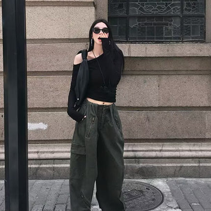 American Retro Army Green Multi-Pocket Design Cargo Pants for Women 2025 Summer High-Waisted Wide-Leg Floor-Length Jeans