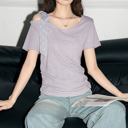 Foreign Trade Wholesale French-Style Tie-Up Irregular Design Short-Sleeve T-Shirt for Women, Super Stylish Off-Shoulder Slim-Fit Crop Top