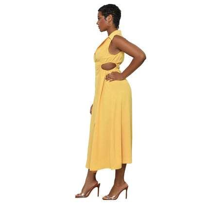 9791 Cross-border Europe and America Amazon Semi-open Collar Leisure Hollow Waist Commuter Split dress